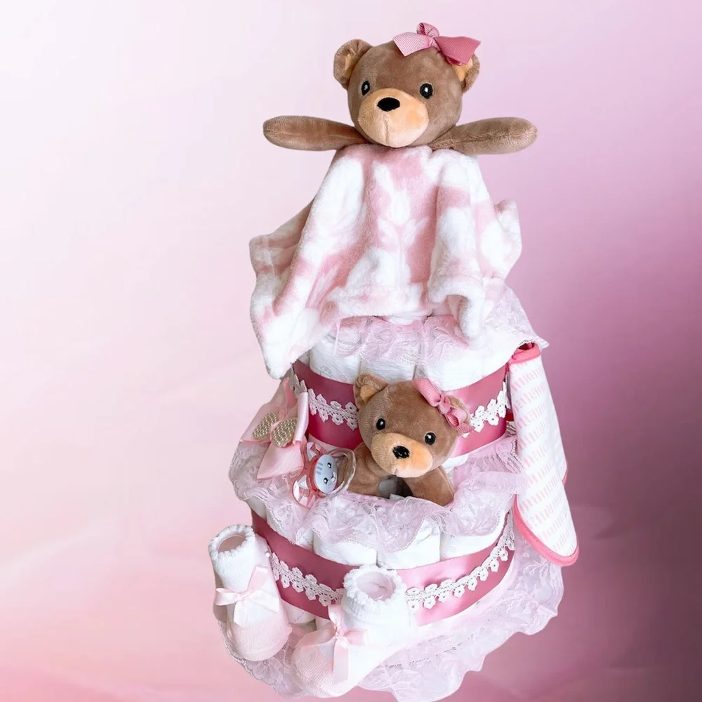 Teddy Bear Girl Diaper Cake
